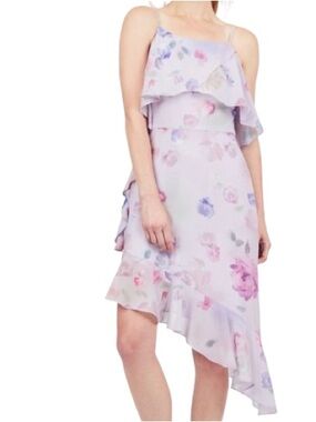 Badgley Mischka Lavender Floral Asymmetrical Dress Sz 6 Wedding Guest Romantic